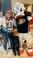 Christy, Aiden and Wildwing, the Anaheim Ducks mascot