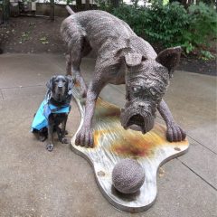 Aiden and dog sculpture